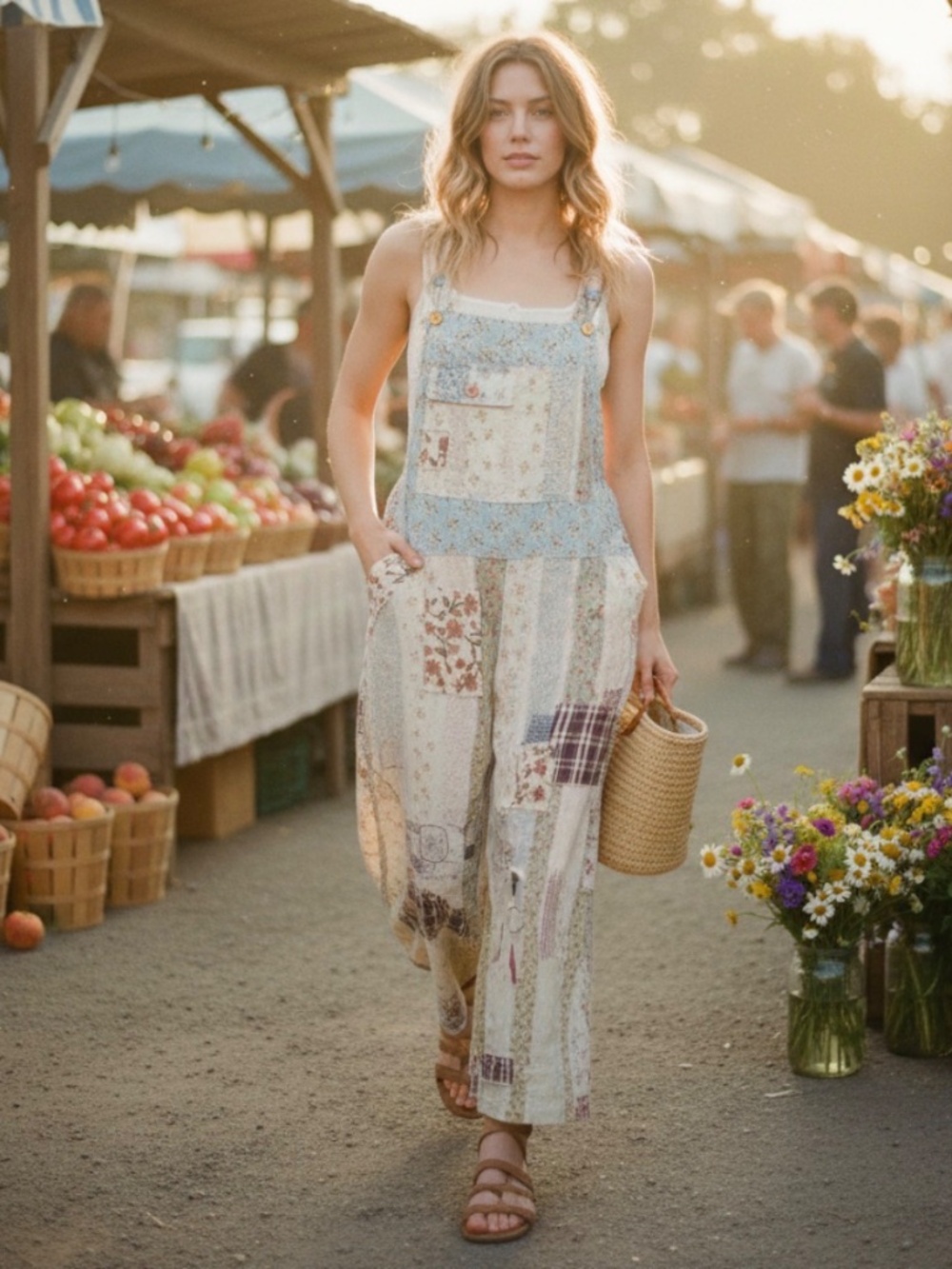 Bluevelvet Blue Mix Floral Print patchwork Wide leg Pockwets Cotton Overalls
